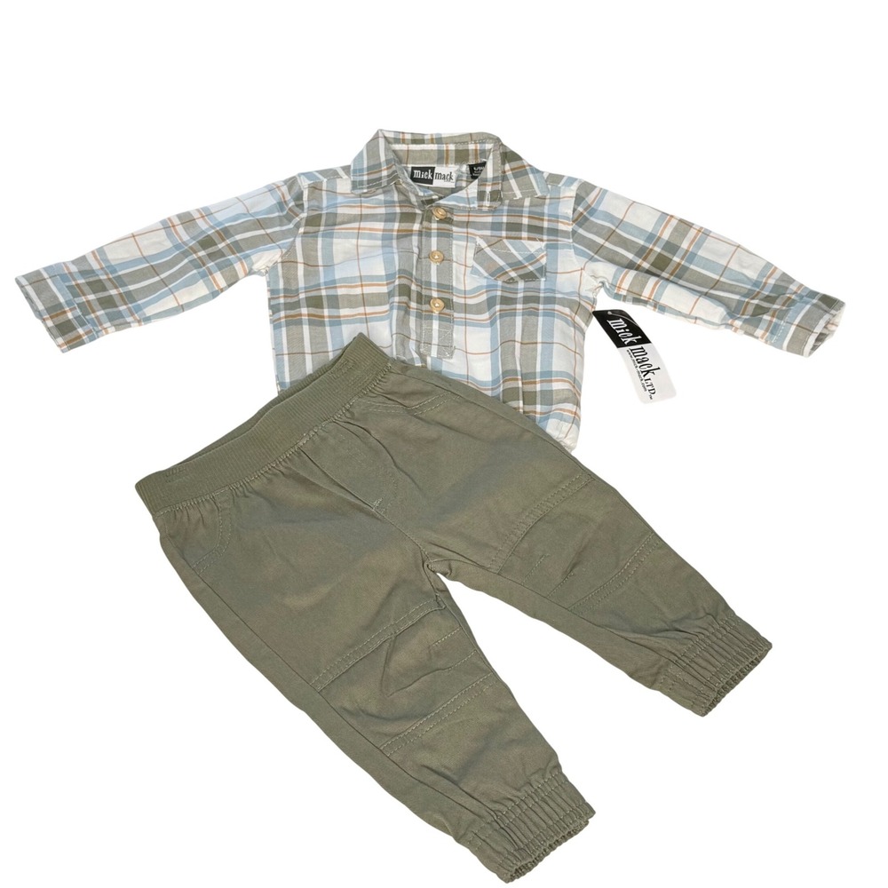 Mick‎ Mack LTD Kids 2 Piece Set Plaid Bodysuit and Olive Jogger Pants 6/9M NEW